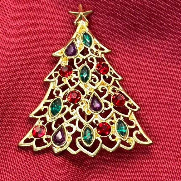 VTG Liz Claiborne “A Christmas to Remember” Gold-Tone & Crystal Tree Brooch - Picture 1 of 9